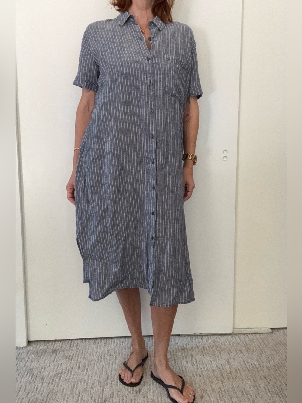 Eileen Fisher Blue Stripe Linen Midi Button-Front Dress Small/ Med - Picture 7 of 9